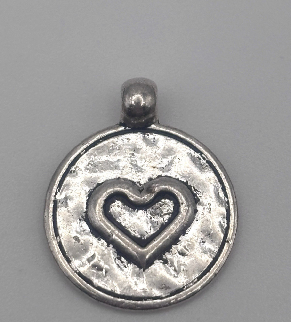 Heart Coin Pendant Silver Tone Hammered Finish Small