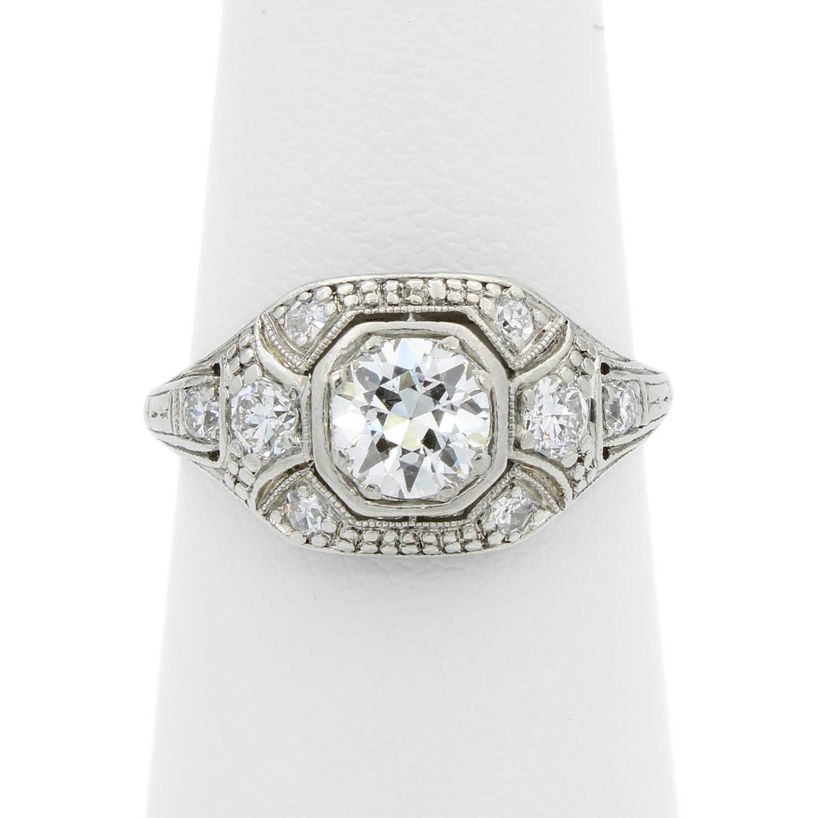 Art Deco Platinum 900 Die Struck Diamond Sz. 5 Ring #E96881-1