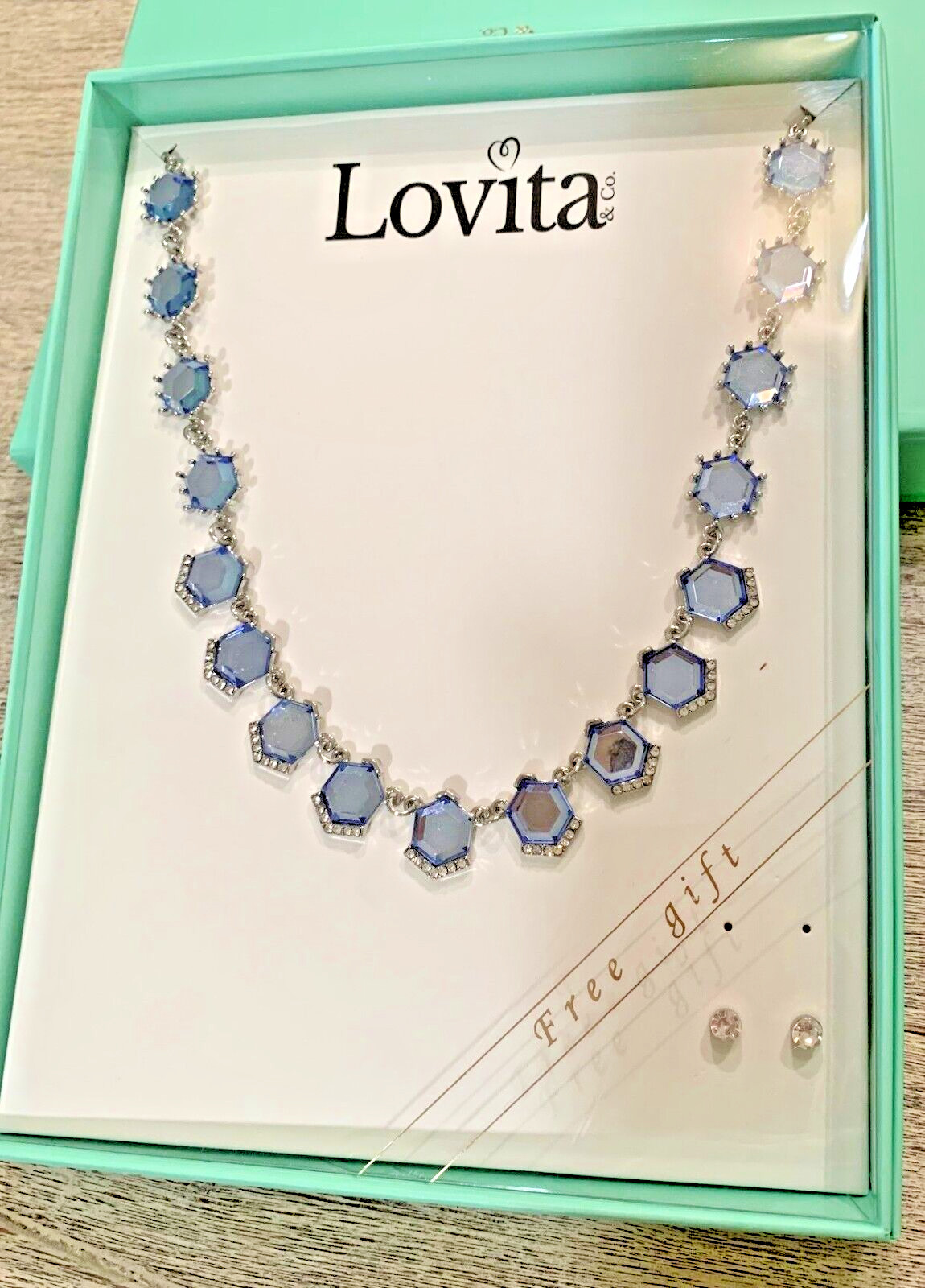 Lovita & Co 18″ Blue Crystal Necklace Set w Stud Earrings Wedding Set