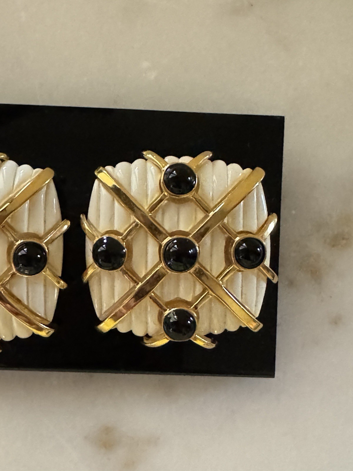 Vintage Square White Black Gold Tone Earrings Fluted Runway Statement 1980s
