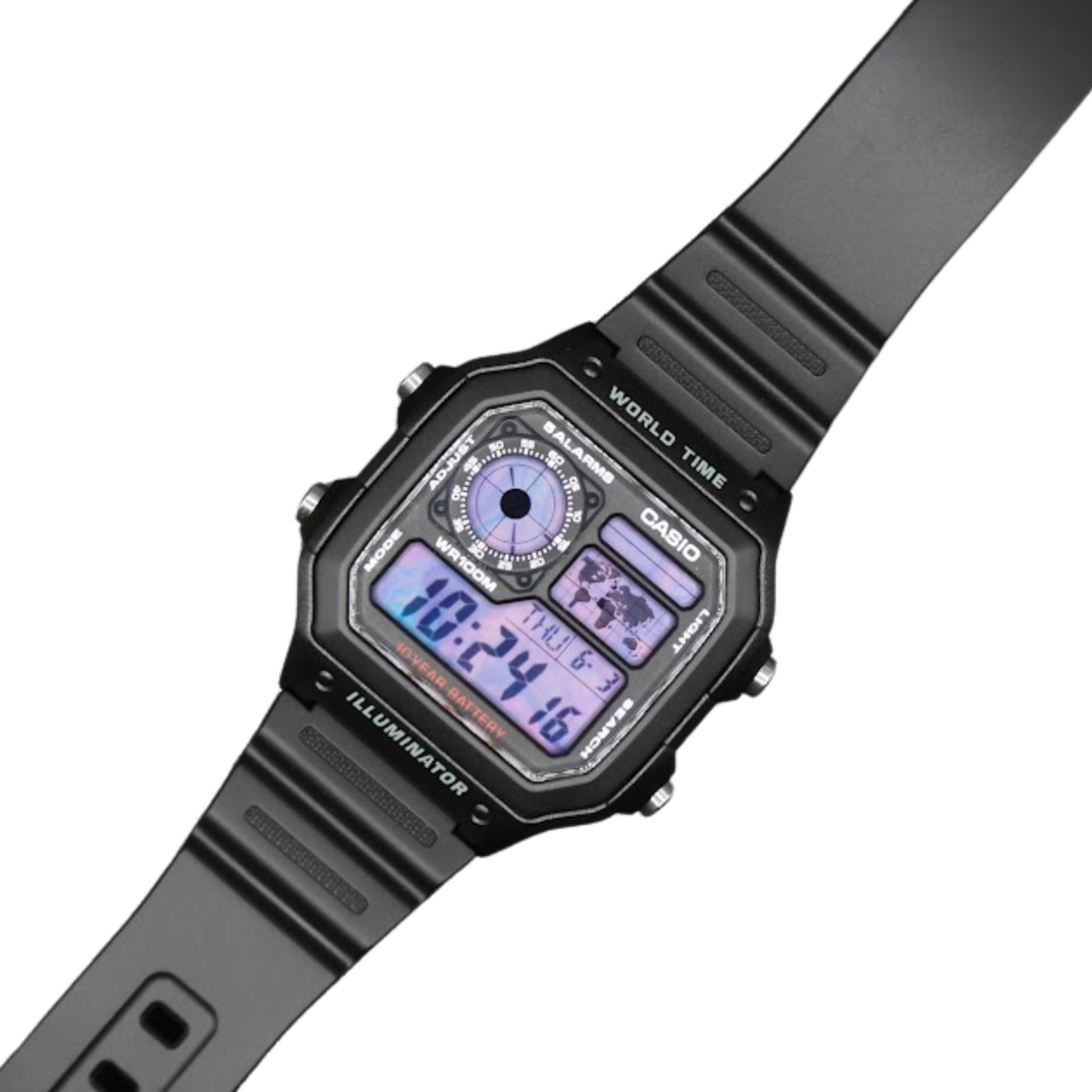 CASIO AE-1200WHD Royale World Time Watch Mod Purple Haze Display