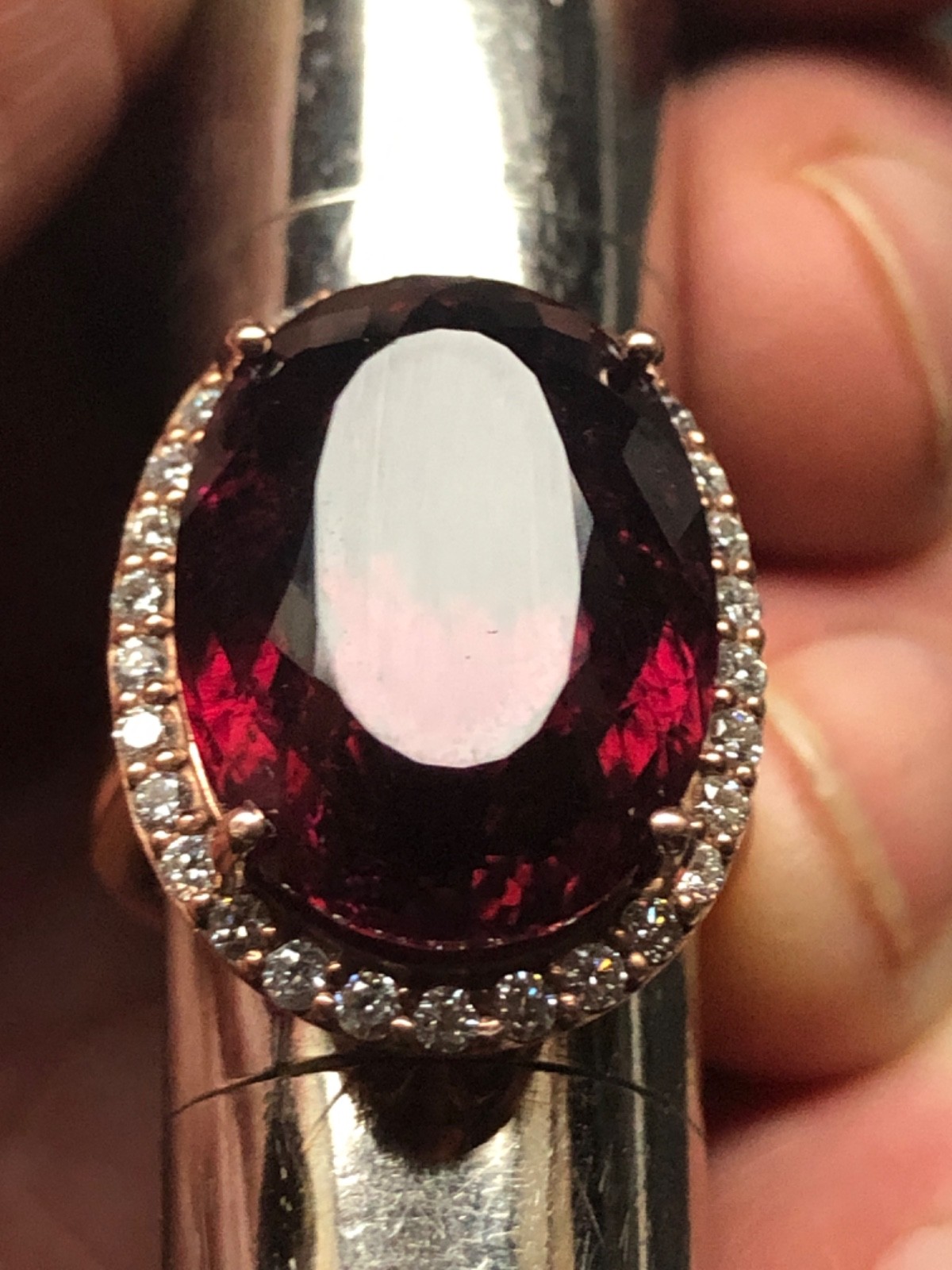 14K Pink Gold Large 21.43 ct. Rubellite Ring Diamond Halo .75 ct . T.W.11.70 grm