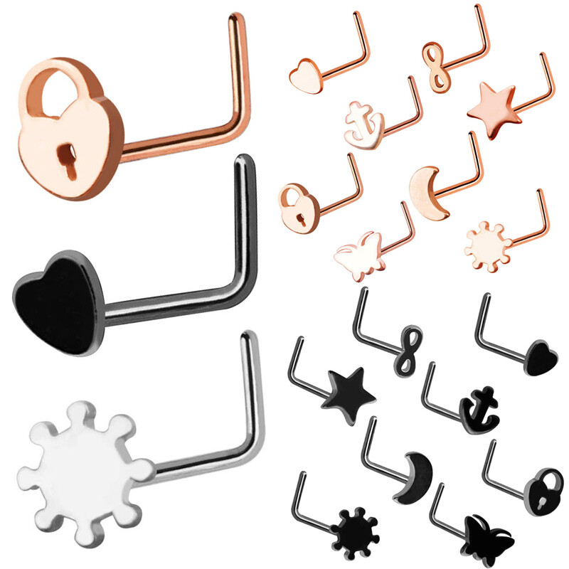 8pc Set Black Silver Rose Gold L Shape Nose Stud Helix Ring Piercing Jewelry 20G