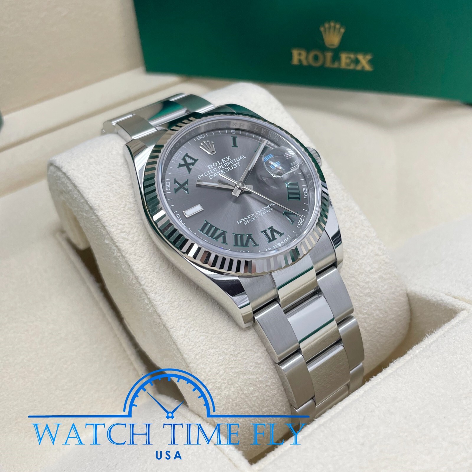 Rolex Datejust 36mm 126234 Fluted Bezel Wimbledon Rhodium Roman Dial Oyster Band