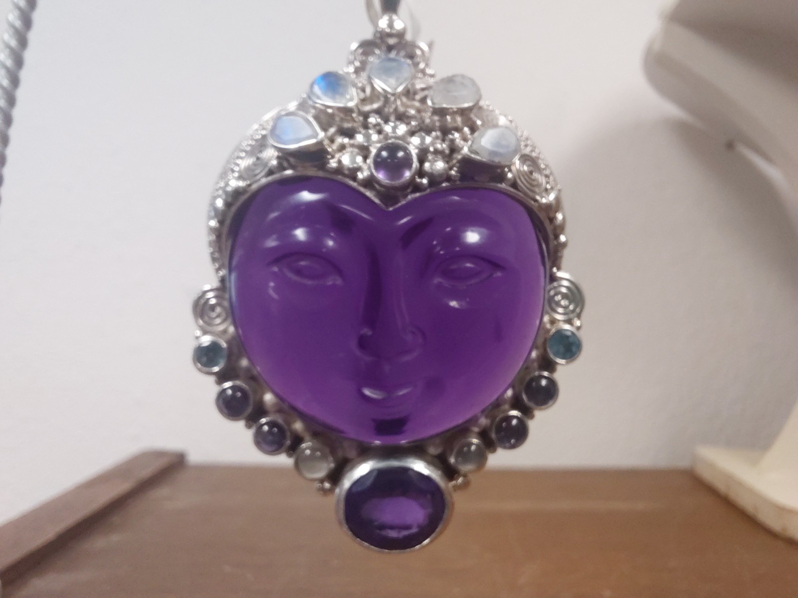 Sajen Sterling Silver Amethyst Carved Godess Face Pendant 2 1/4″ Long New NWT