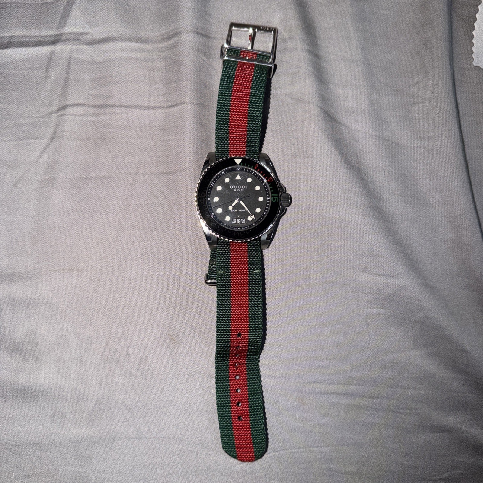 Gucci Dive 45mm Black Matte Dial Green Red Web Nylon Watch YA136209