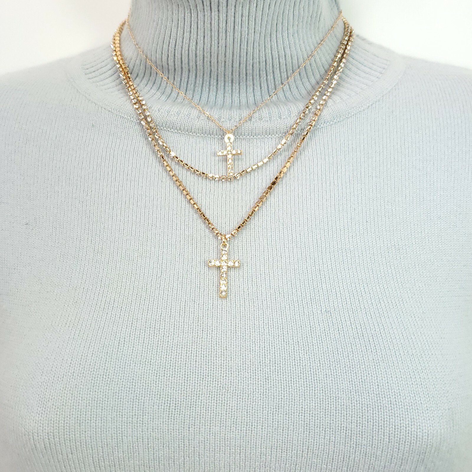 N0182 Gold Tone Base Clear Rhinestones Deco Cross Pendants 2pc Necklaces Set