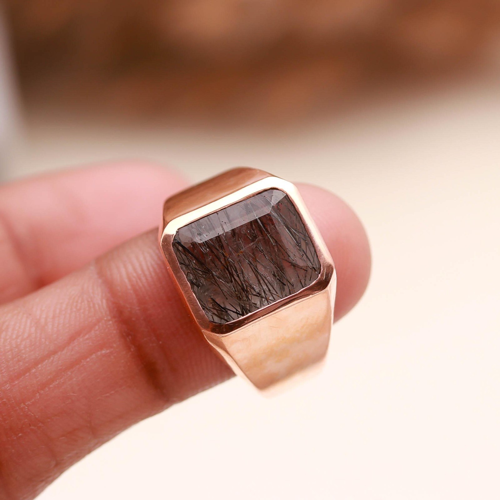 Natural Black Rutile Octagon Ring Rose Gold Plated 925 Sterling Silver Jewelry