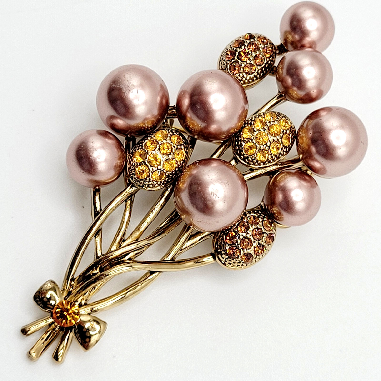 Balloon Bouquet Mauve Faux Pearl Amber Yellow Rhinestone Accents Tied Bow Brooch
