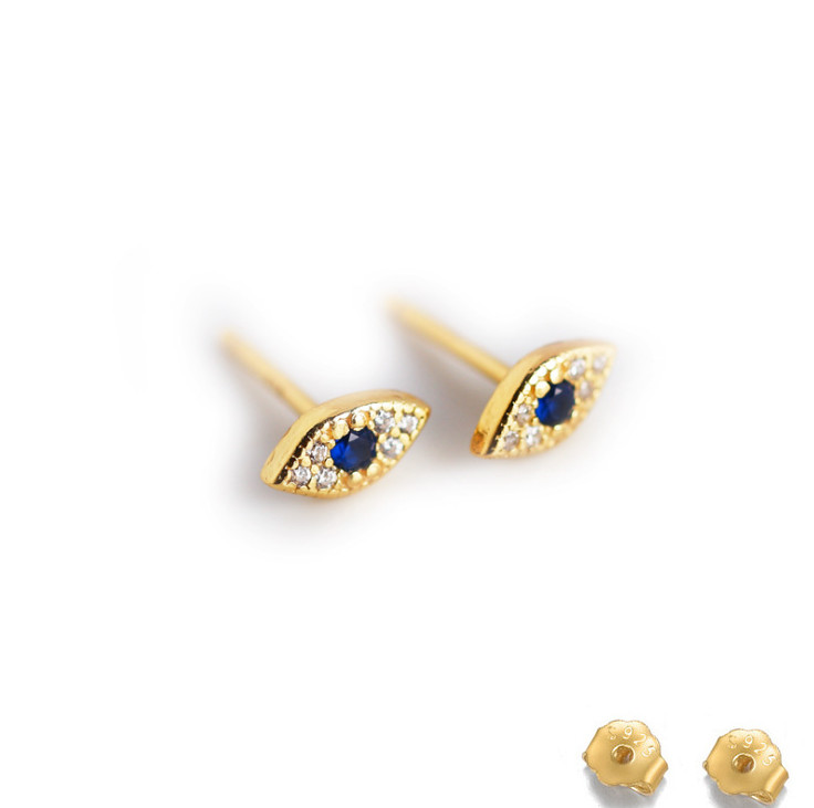 Tiny EVIL EYE STUD EARRINGS W/ BLUE WHITE Crystal CZ 925 STERLING SILVER Set H4