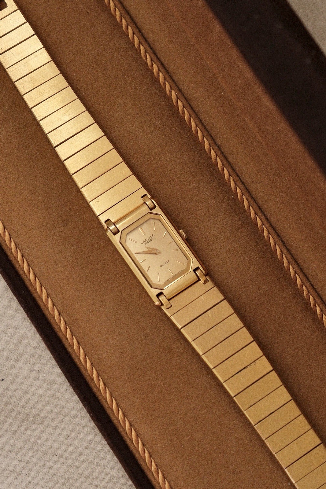 90s Vintage Ladies Ultra Thin Tank Lassale Seiko Gold Plated Watch in Box