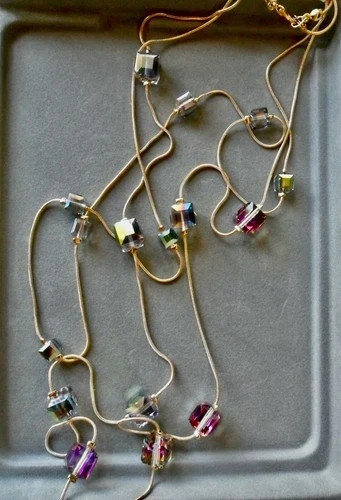 14k Gold Plated Long Sweater Necklace Made Simulated Diamond Aurora Borealis