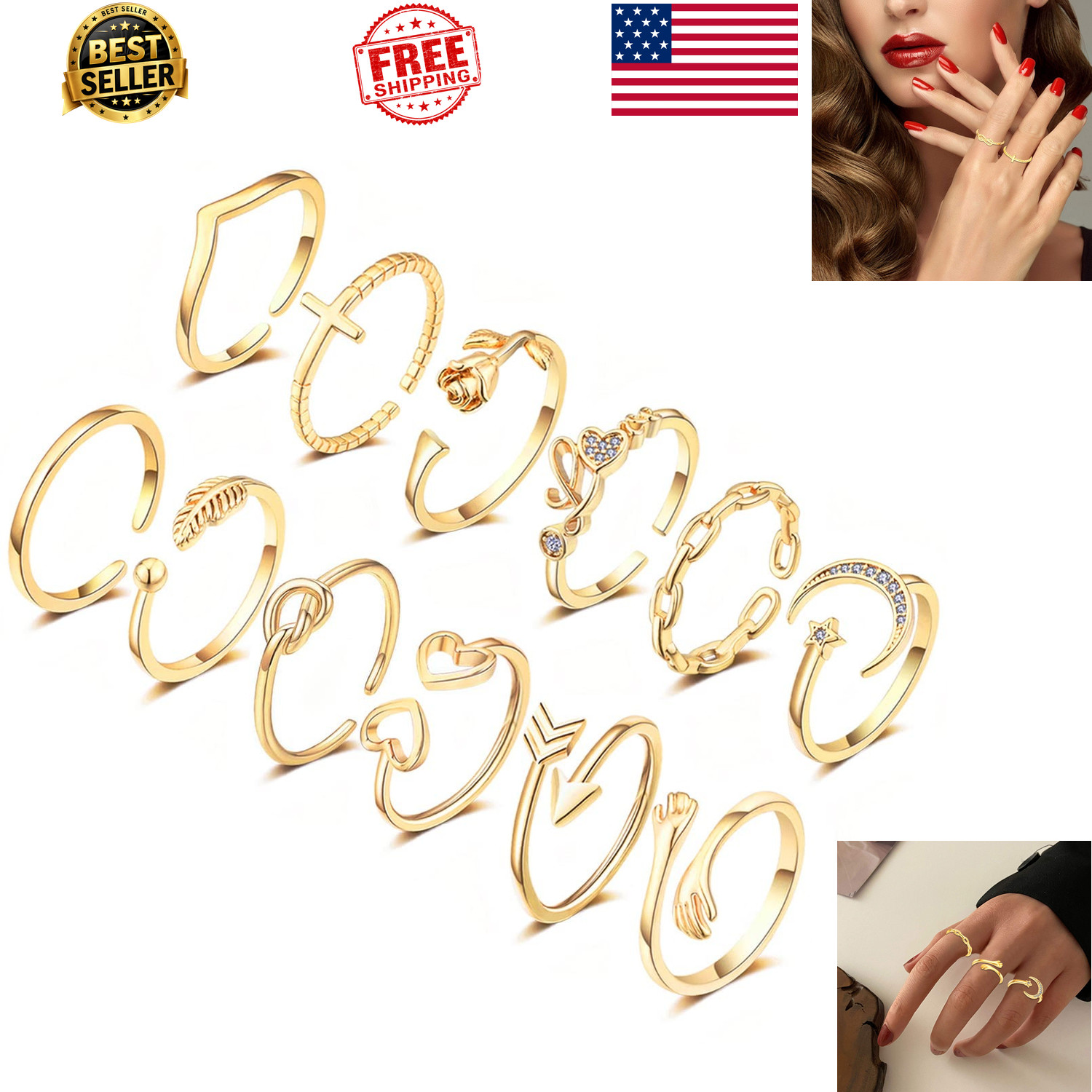 KOHOTA 12pcs Gold Silver Stackable Adjustable Hypoallergenic Bands for Women