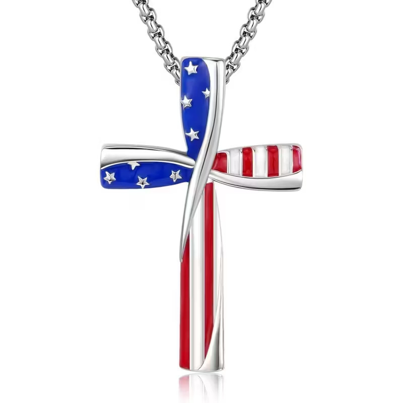 Patriotic American Flag Cross Necklace-Silver Tone Finish-Eye Catching Accessory