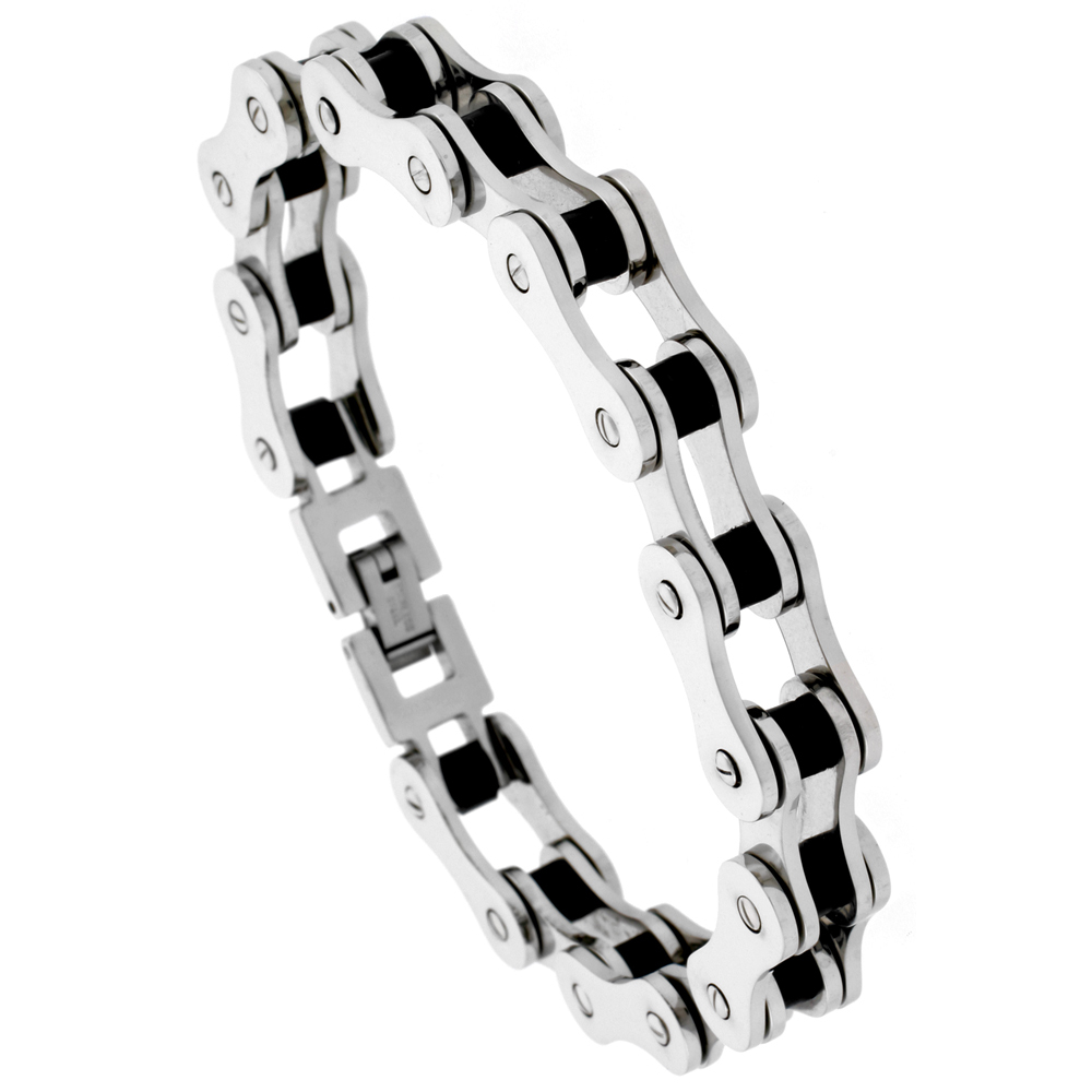 Stainless Steel Bicycle Chain Bracelet For Men w/ Black Rubber Accent