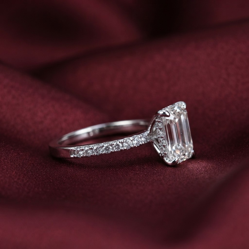 Off White Emerald Moissanite Ring Hidden Halo with Side Accents for Women