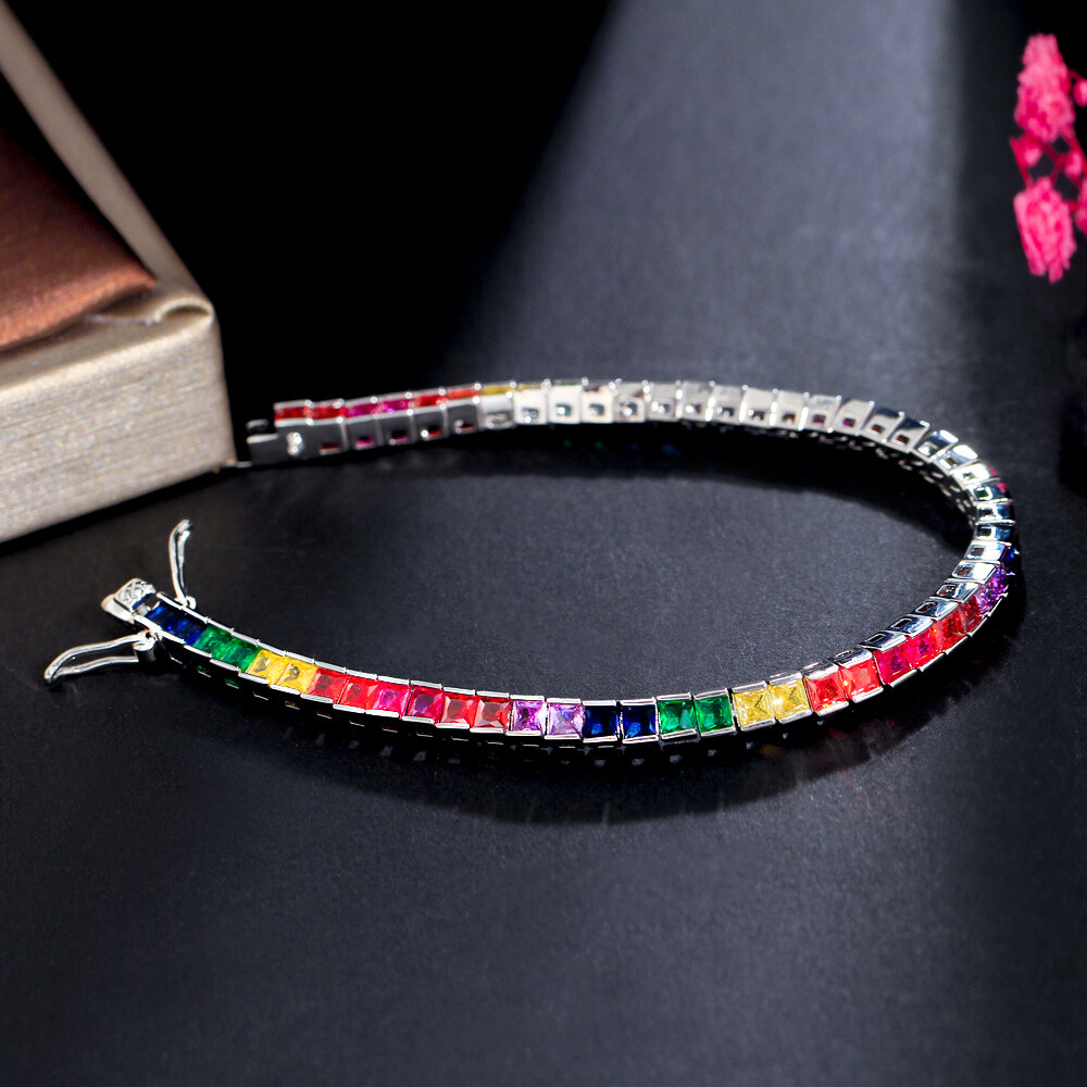 Women Trendy Silver Plated 3mm Rainbow Square Cut Cubic Zirconia Tennis Bracelet