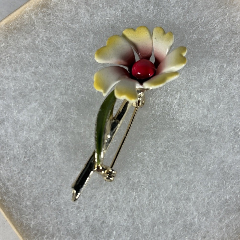 Vintage Enamel Yellow Red Green Flower Brooch Unsigned