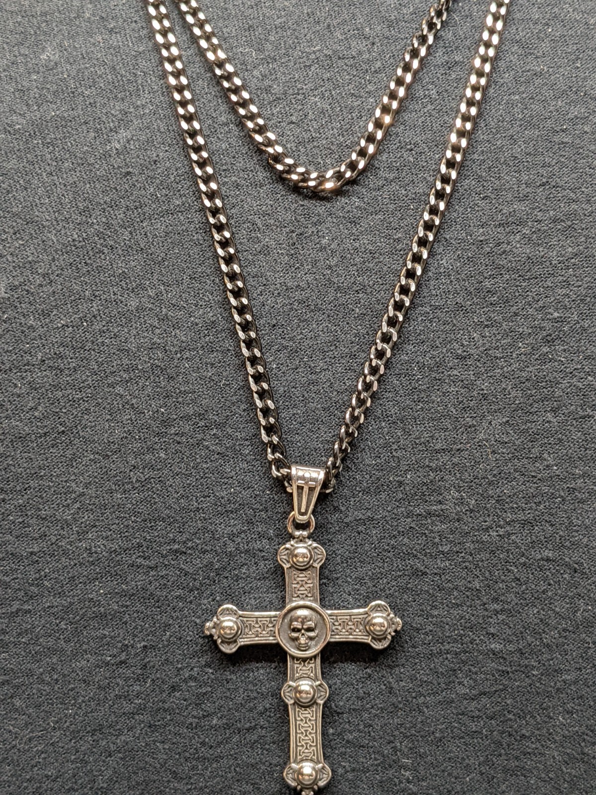 Gothic Skull Cross Necklace Pendant Silver Tone Black Chain Emo Rebel Biker ~47″