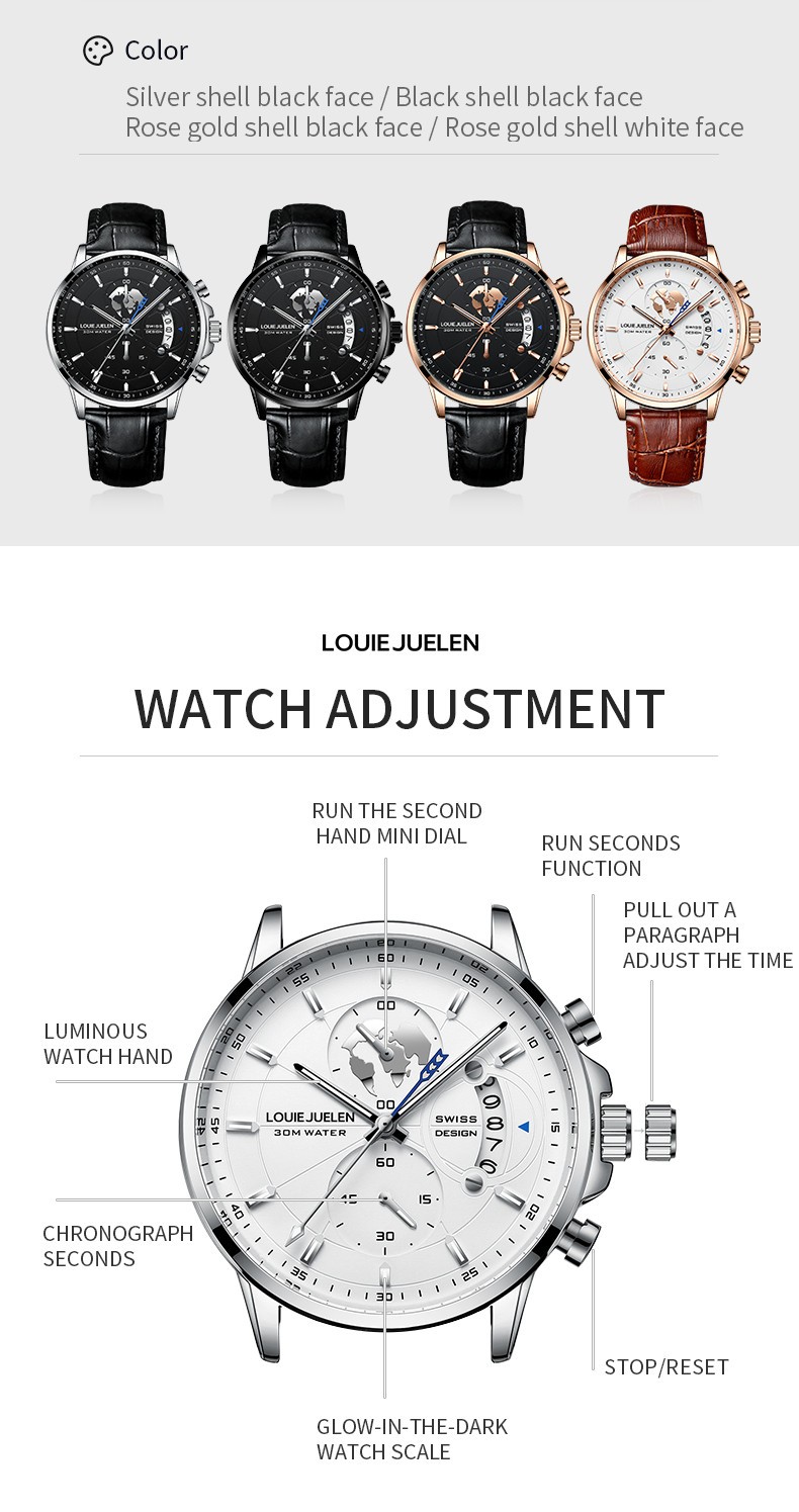 Men Genuine leather Watch Stainless Quartz Multi-functional Classic Wristwatch