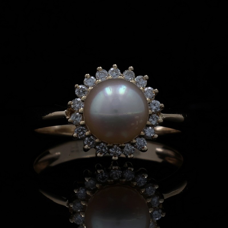 Yellow Gold Pearl Diamond Halo Ring – 14k .20ctw