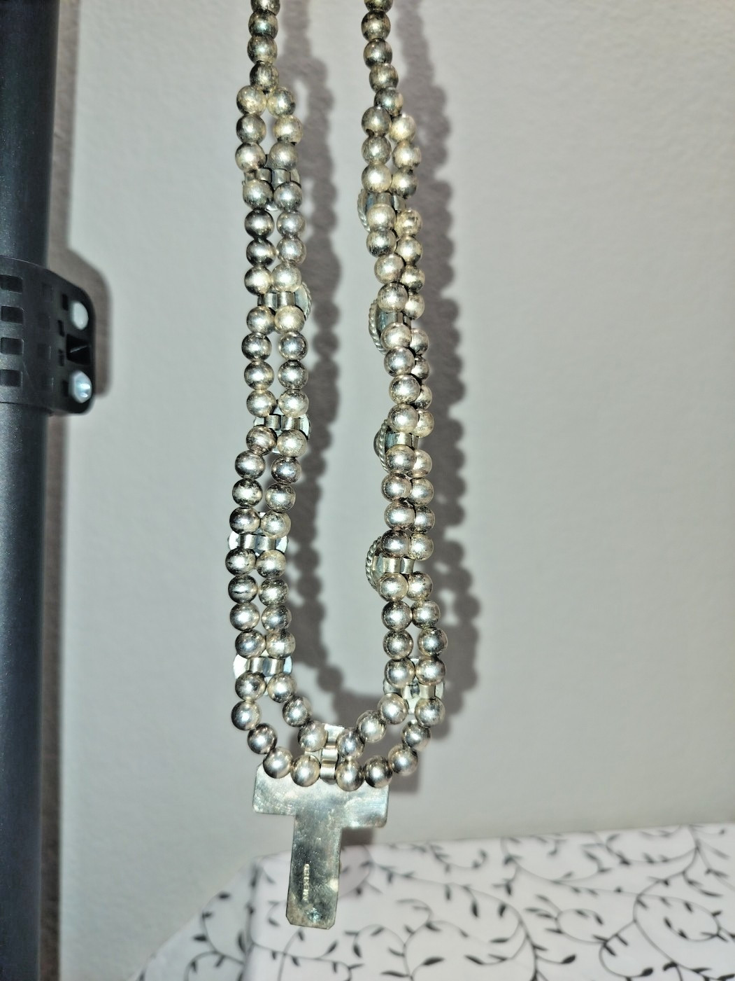 Silver Tone Cross Necklace Mexico Black Glass Cabochon Beaded Chain 20.5in