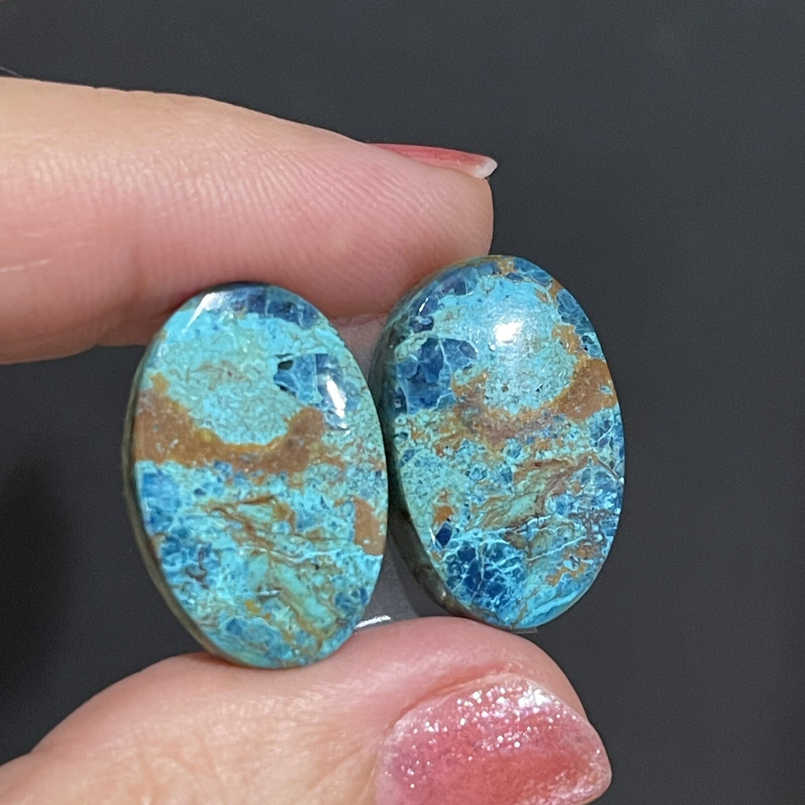 31ct 22×14.5×5.4mm Pair Of Green Blue Shattuckite Oval Cabochons Gems