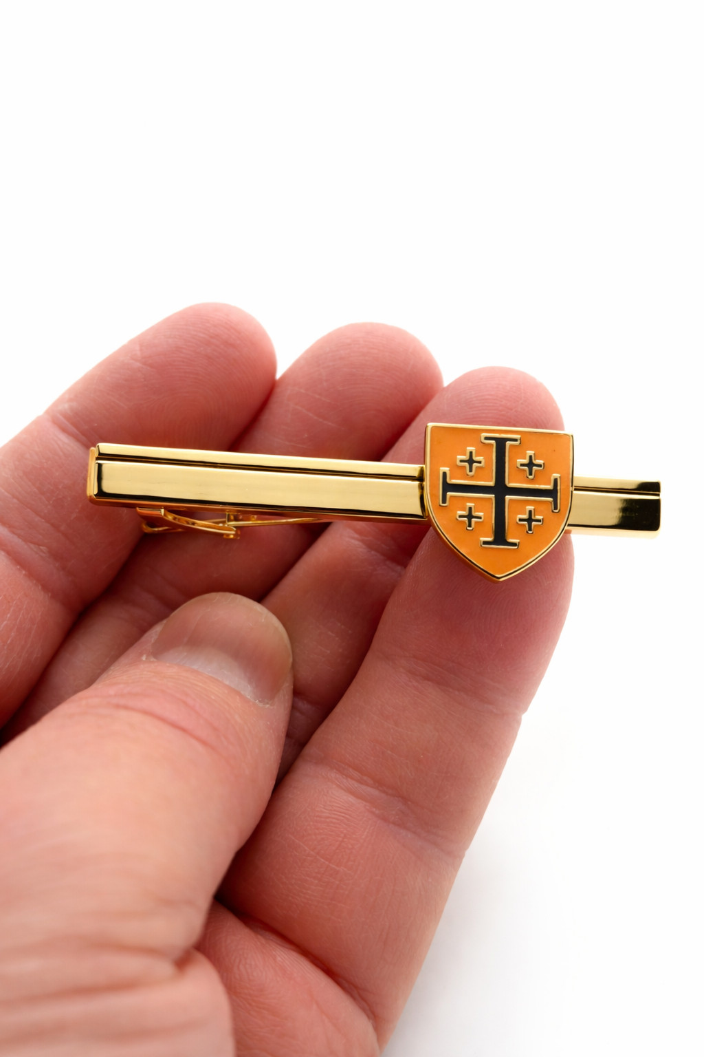 Jerusalem Cross Shield Tie Clip Gold and Black Christian Religious Tie Bar Men