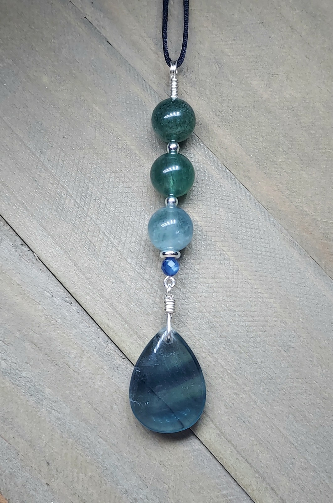 Blue Fluorite Pendant With Green Strawberry Quartz, Colorful Artisan Crafted