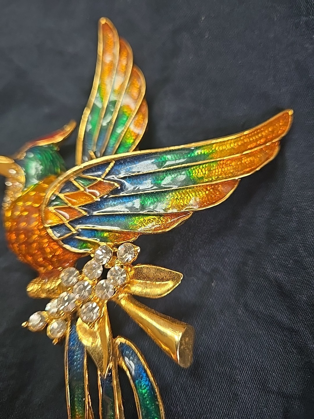 Vintage D’orlan Boucher 6″ Enamel Phoenix Bird Brooch Multicolored, Clear Crysta