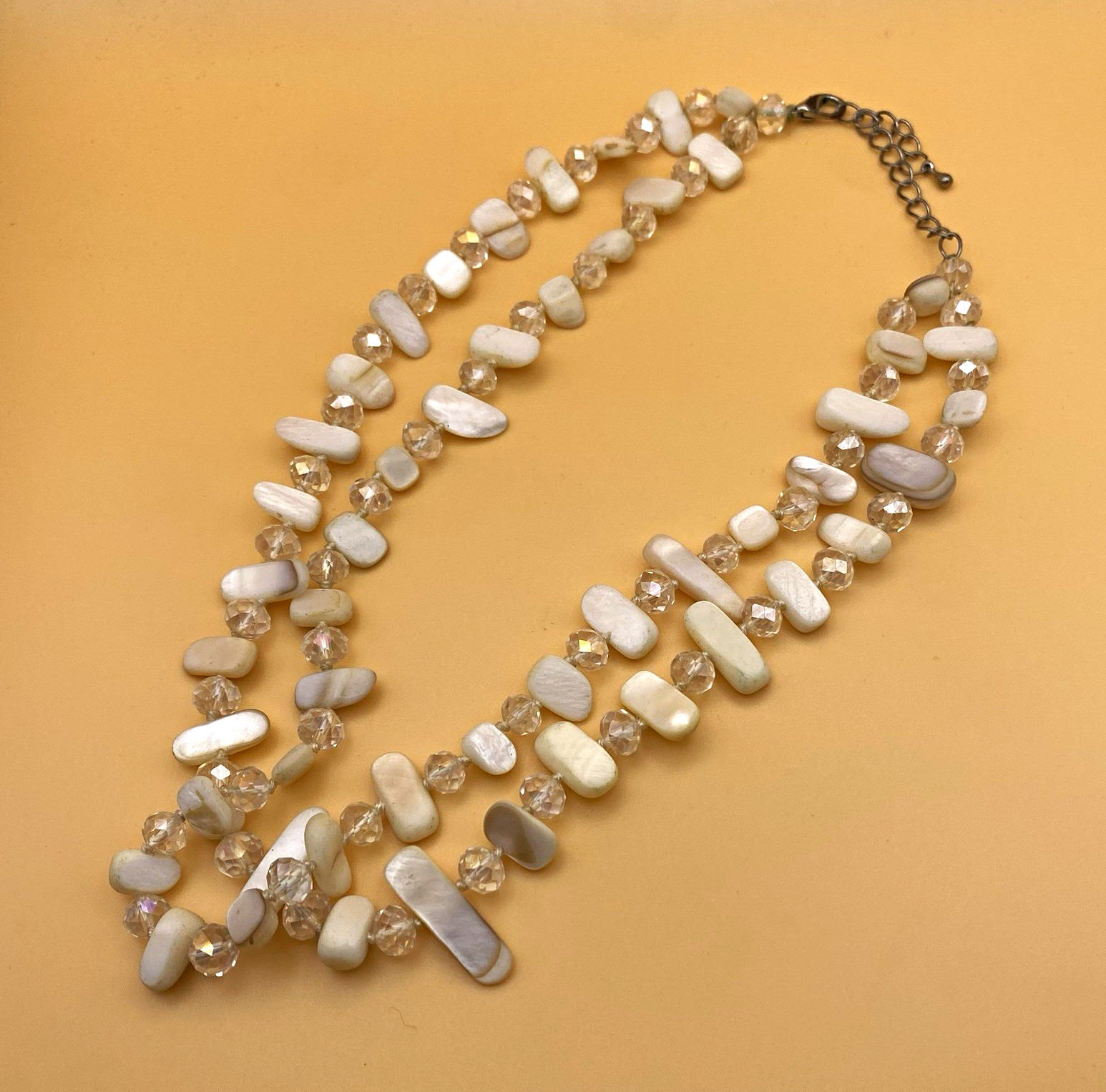 Double Strand Shell Chip Beaded Necklace w/ Clear Crystal Spacers Lobster