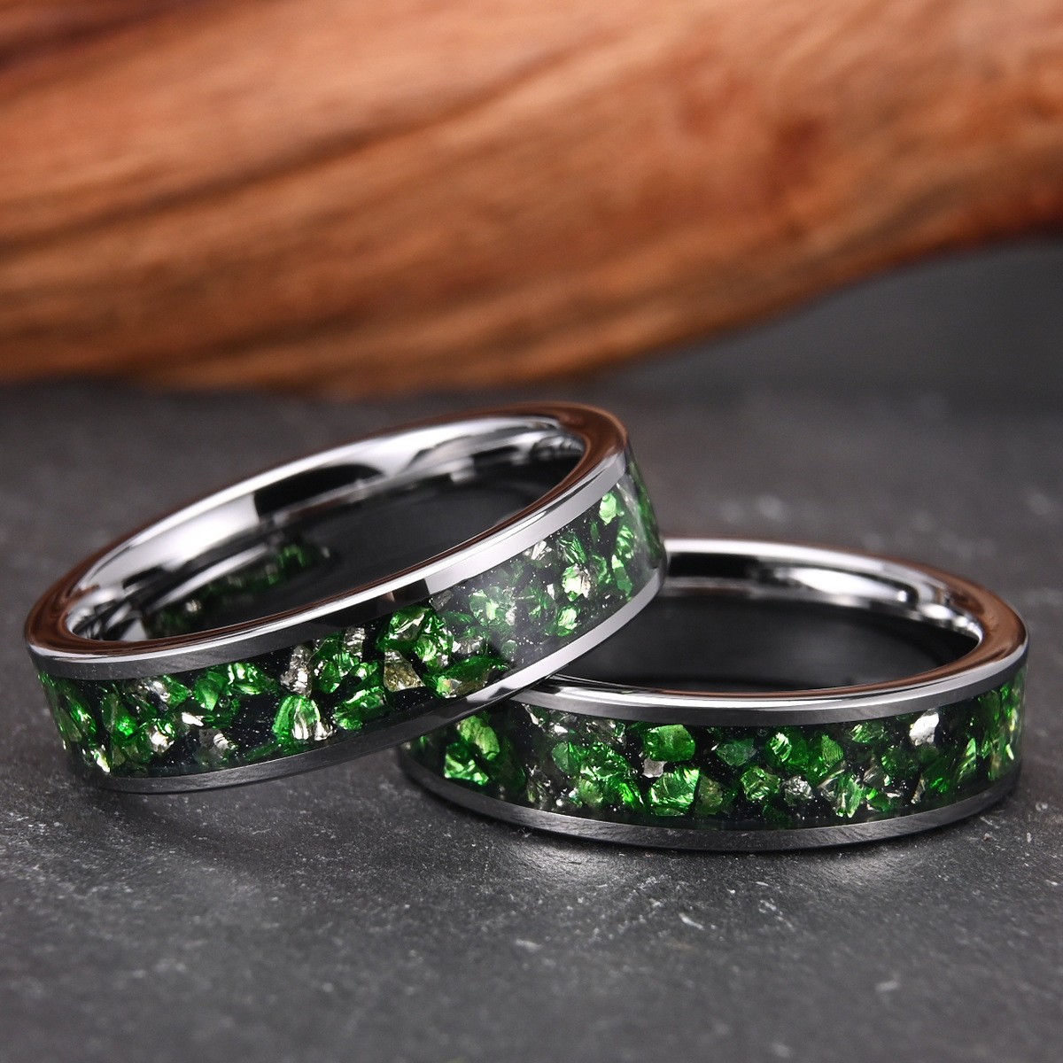 6MM Width Green & Clear Crystal Inlay Wedding Ring Tungsten Carbide Promise Ring