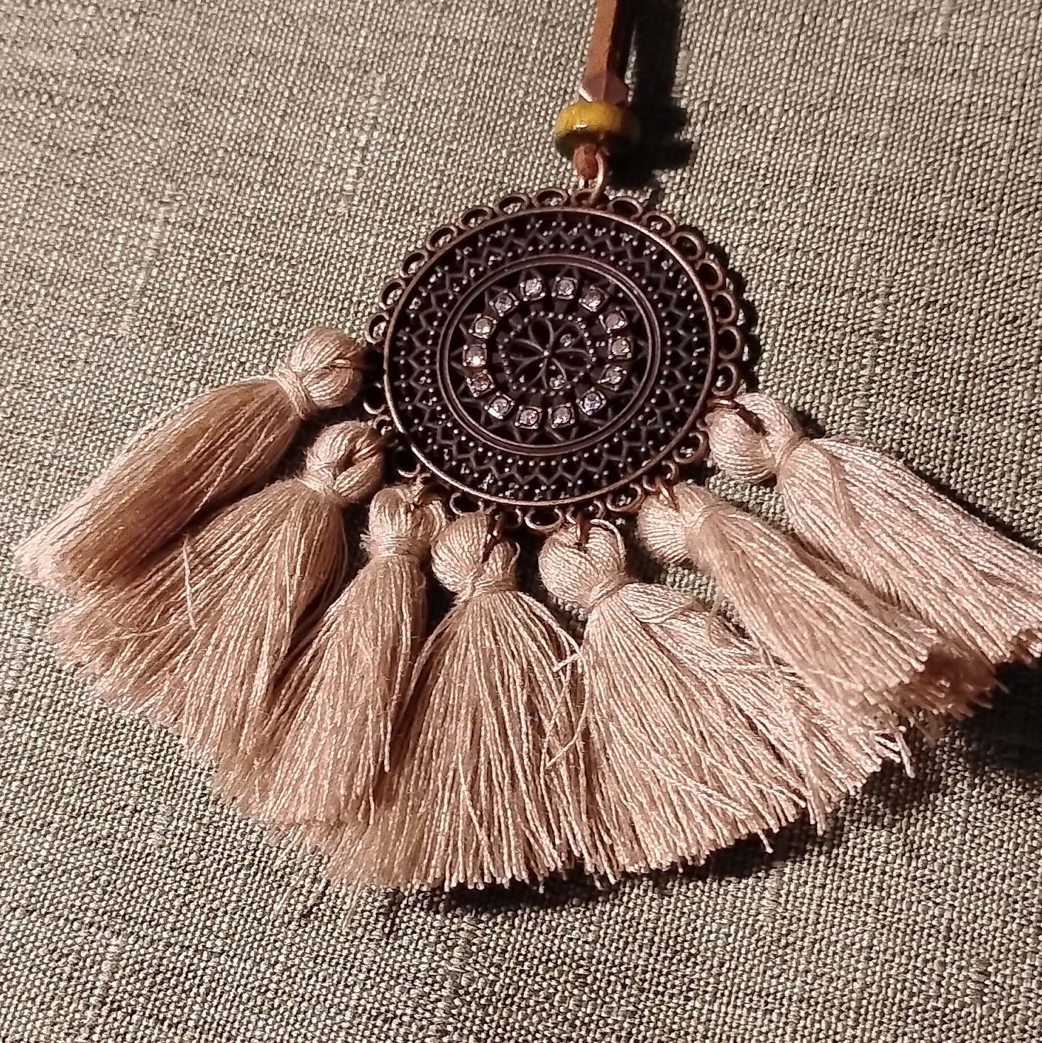 Round Medallion Tassel Fringe Pendant Necklace Brown/Beige Cord Metal. 3097.