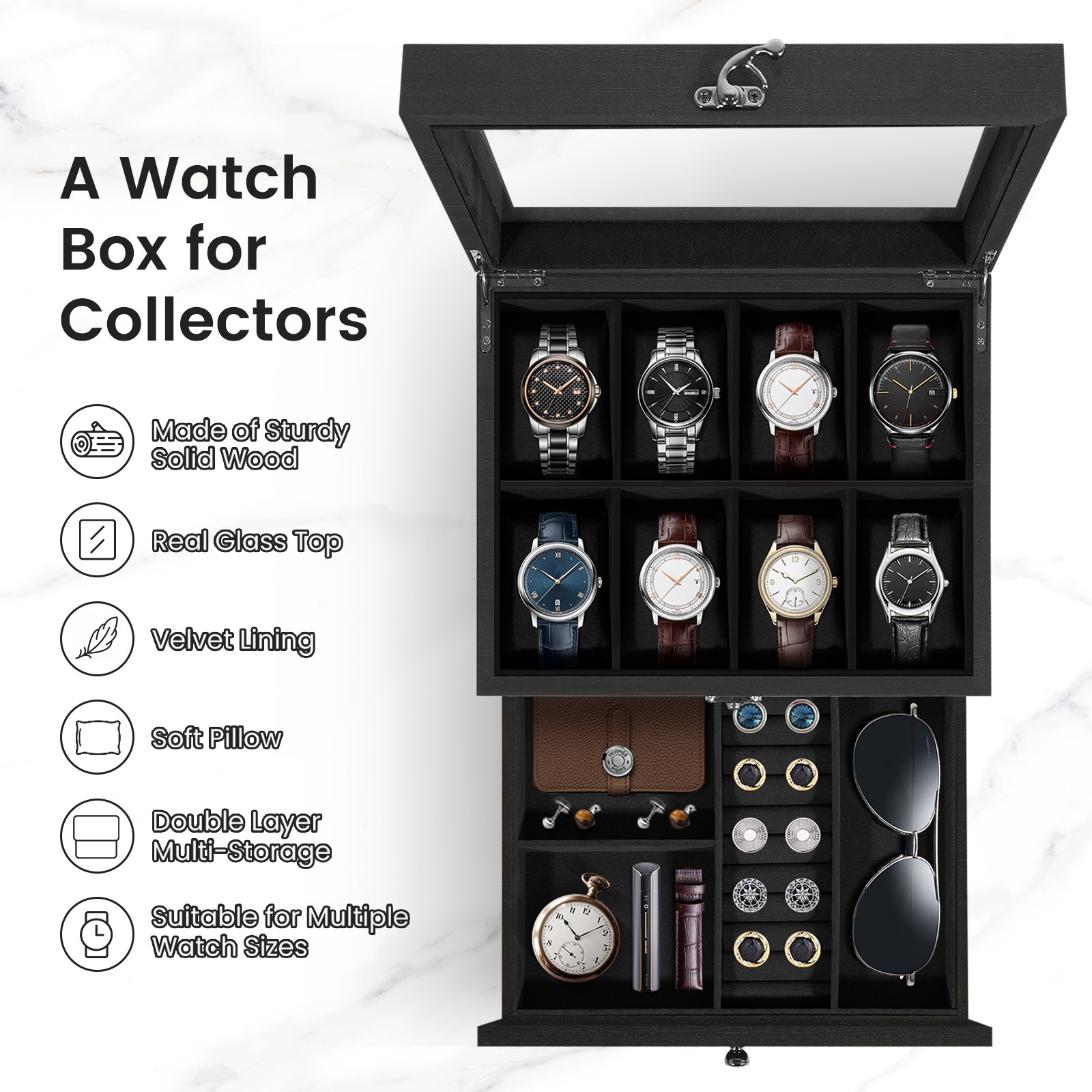 8 Slots Watch Box Solid Wood Watch Case Glass Lid Jewelry Storage Display Case