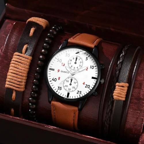Men Watches Casual Business Chronograph Wristwatch Leather Strap Analog Brown