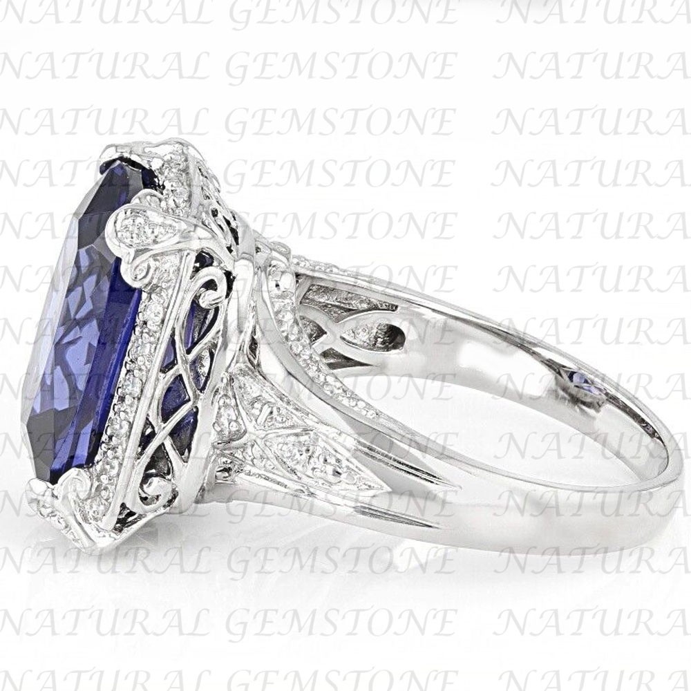 7.50Carat Cushion Shape Natural Tanzanite and Diamond Ring 18K White Gold Plated