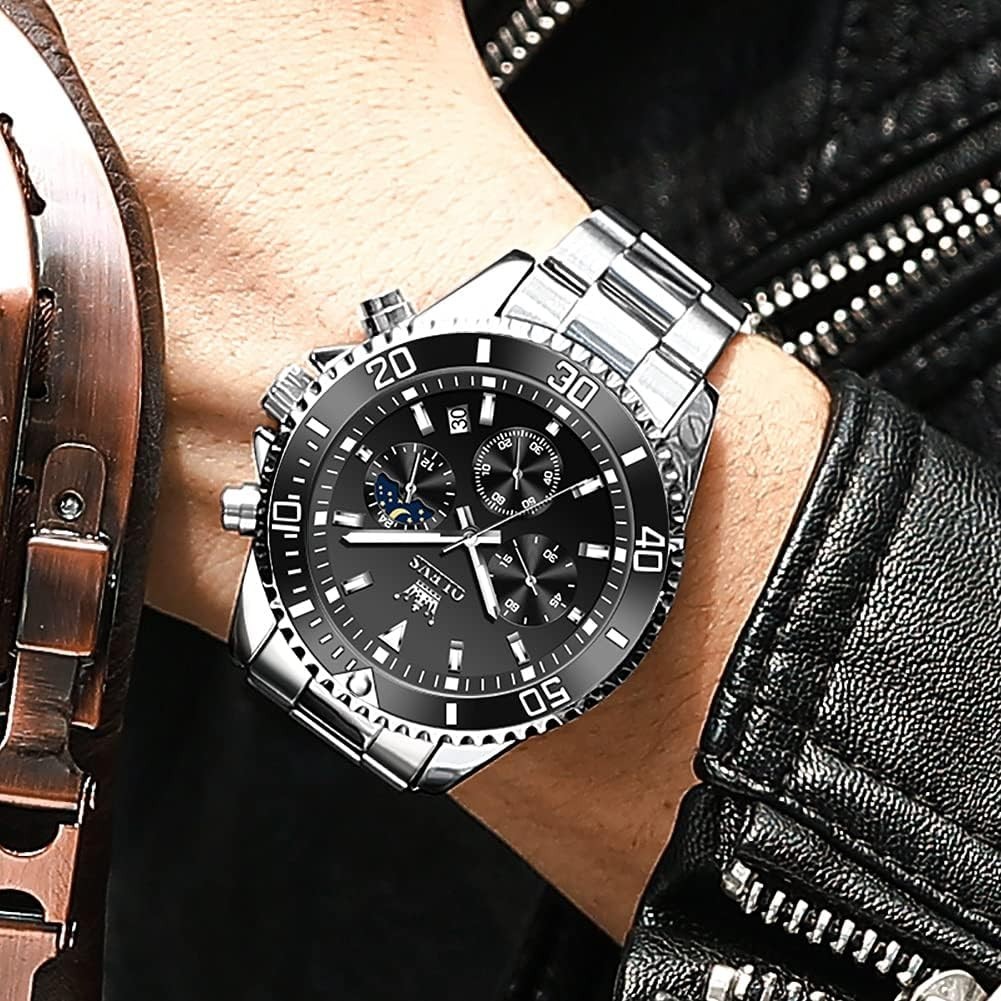 Moon Phase Men’s Watch – Luxury Waterproof Chronograph with Crystal Dial