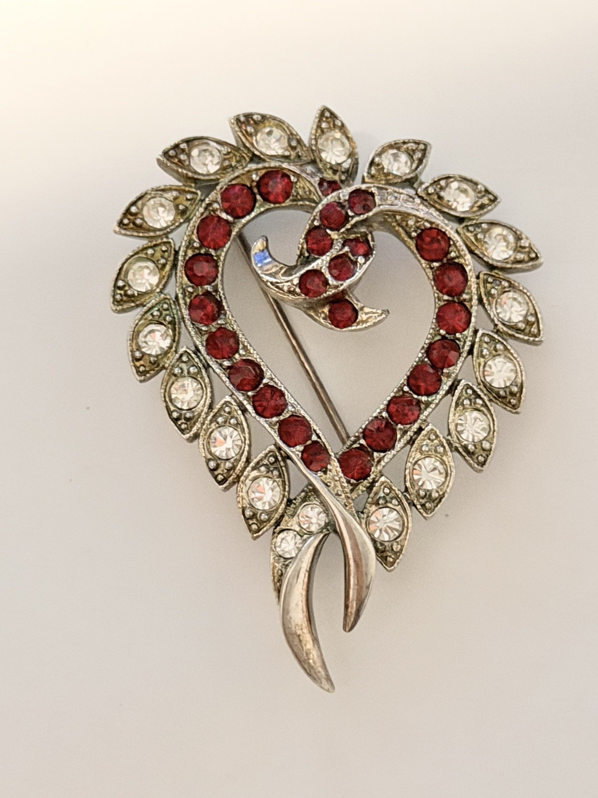 Vintage Heart Brooch Pendant Red Rhinestones Unsigned Alfred Philippe Style