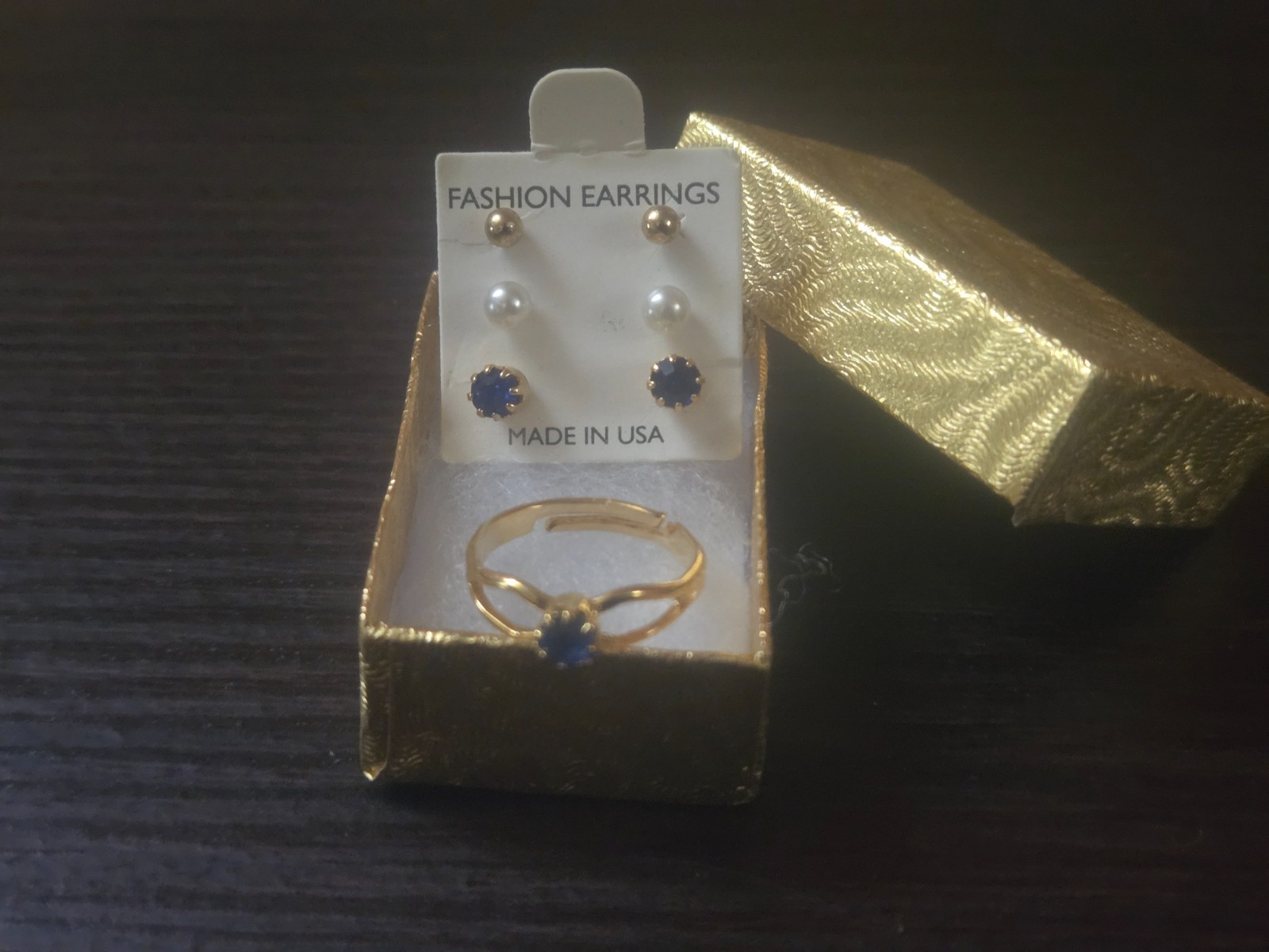 Vintage September Blue Sapphire Tone Ring & 3 Pair Stud Earrings Gift Set Boxed