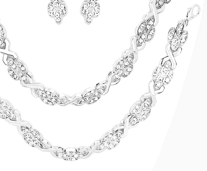 SOLID SILVER HIGH QUALITY “3 PC” CLEAR CRYSTAL FASHION NECKLACE JEWELRY SET