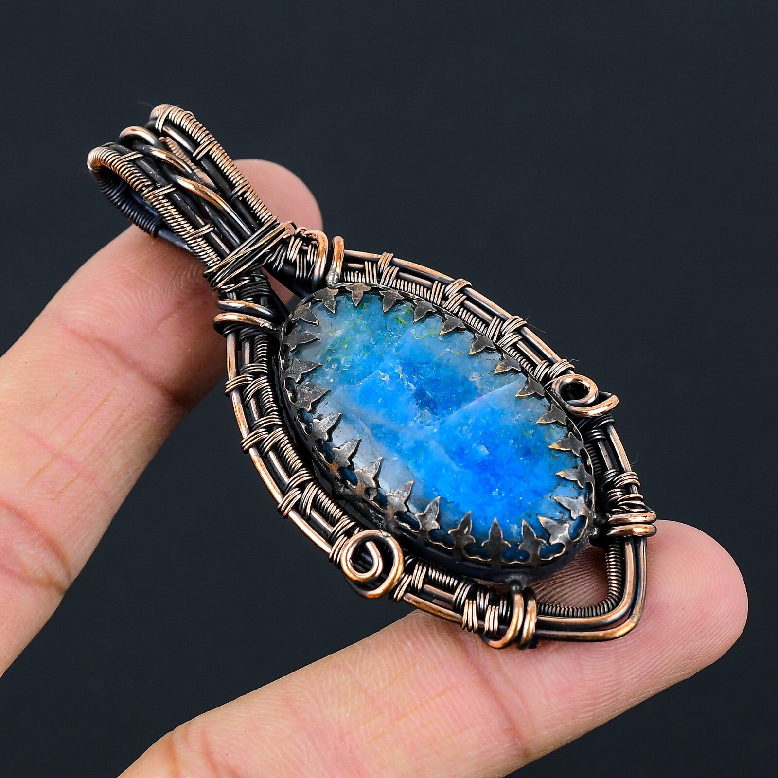 Neon Blue Apatite Handmade Gemstones Copper Wire Wrap Wedding Pendant Jewelry