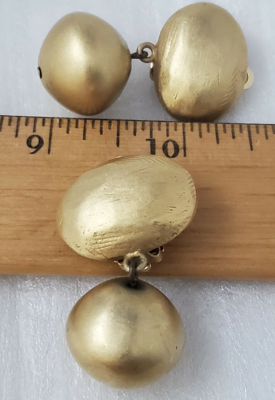 Vintage Donna Karan DKNY Signed Brush Matte Gold Tone Dangle Ball Clip Earrings
