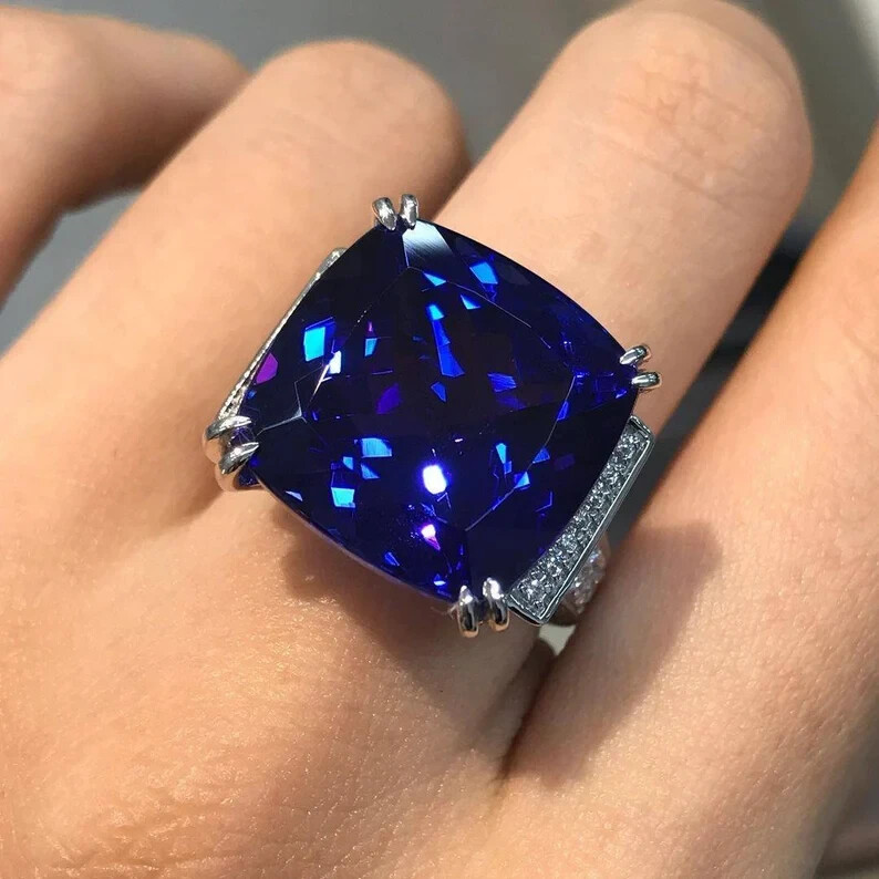 Excellent 26.75CT Lab-Created Cushion Royal Blue & White Sapphire Wedding Ring