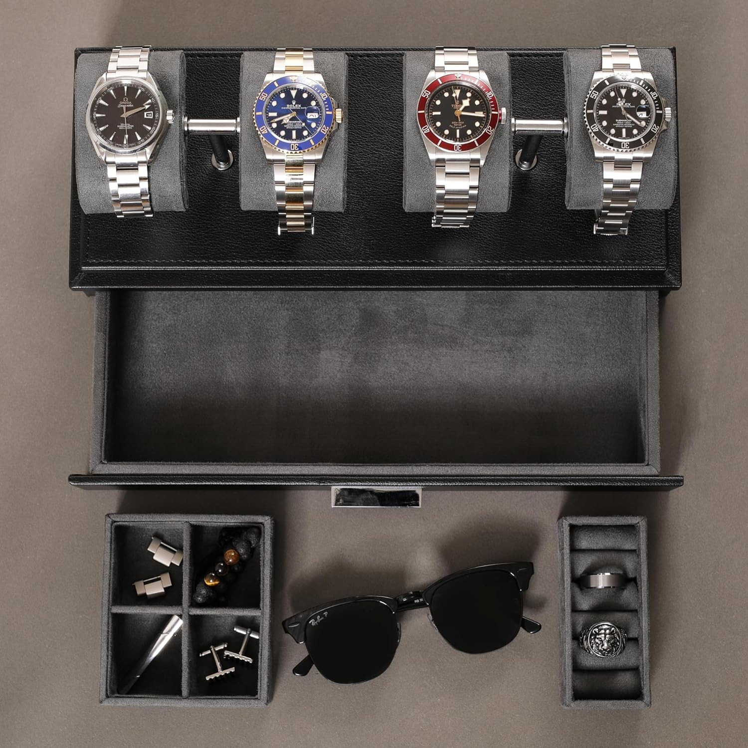 Elegant Leather Watch Display Case for 4 with Removable Cushions and Drawer