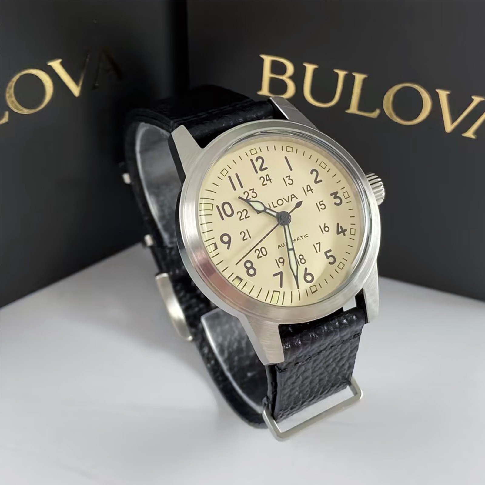 Bulova Special Edition 96A246 White Dial Black Leather Men Automatic Watch 38MM