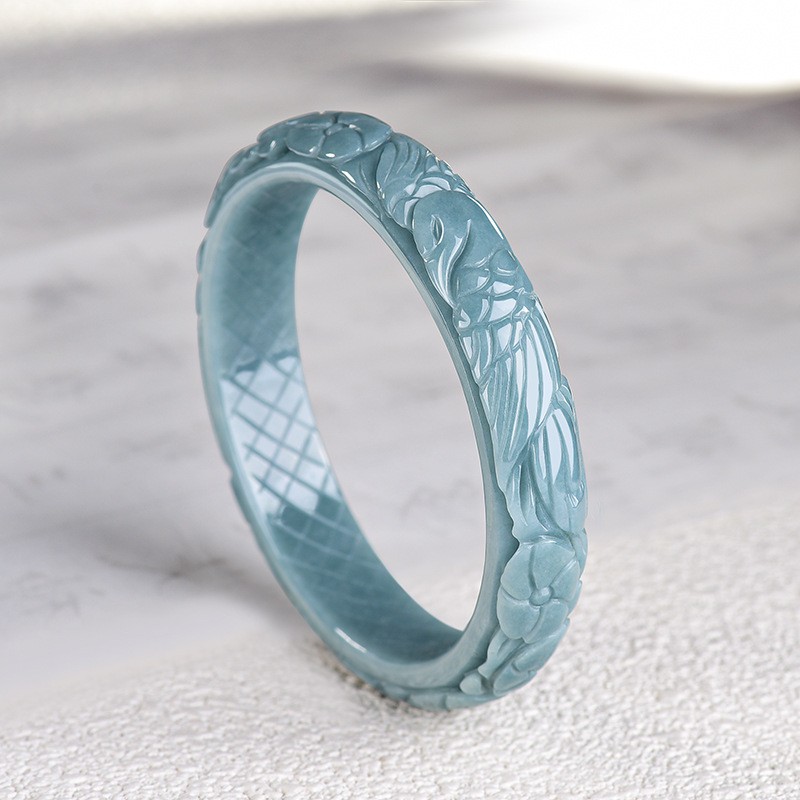 Certified natural A-grade jade blue water carved phoenix peony bracelet 54-64mm