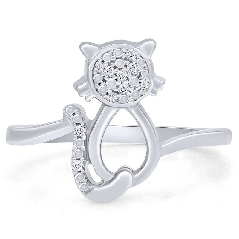 0.05 Ct Natural Diamond Accent Cat Fashion Ring 14k Gold Plated Silver