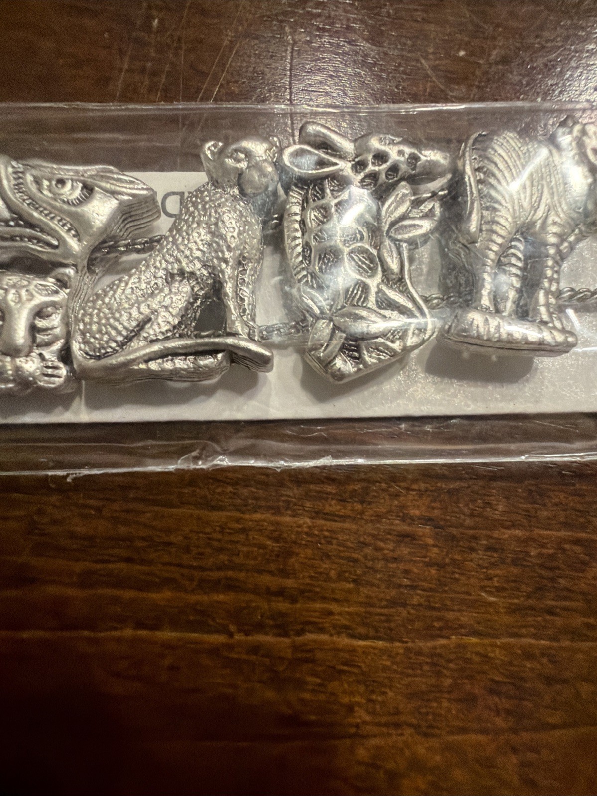 Vtg Safari Animal Slide Charm Bracelet NOS New on Card Lion Tiger Zebra Cheetah