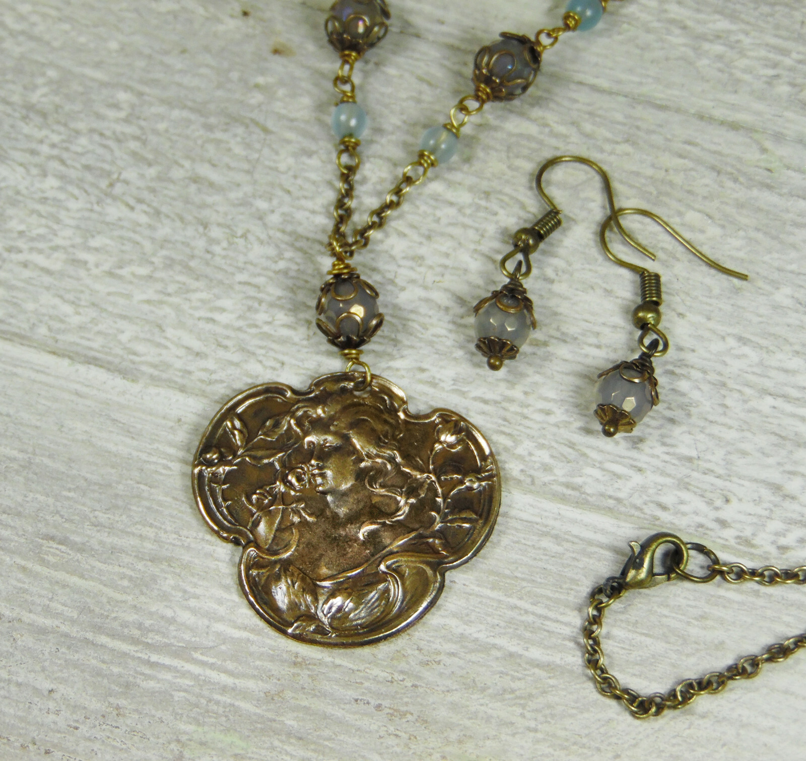 Aged Brass Art Nourveau Lady with Mystic Aura Quartz and Aquamarine Stone Beads