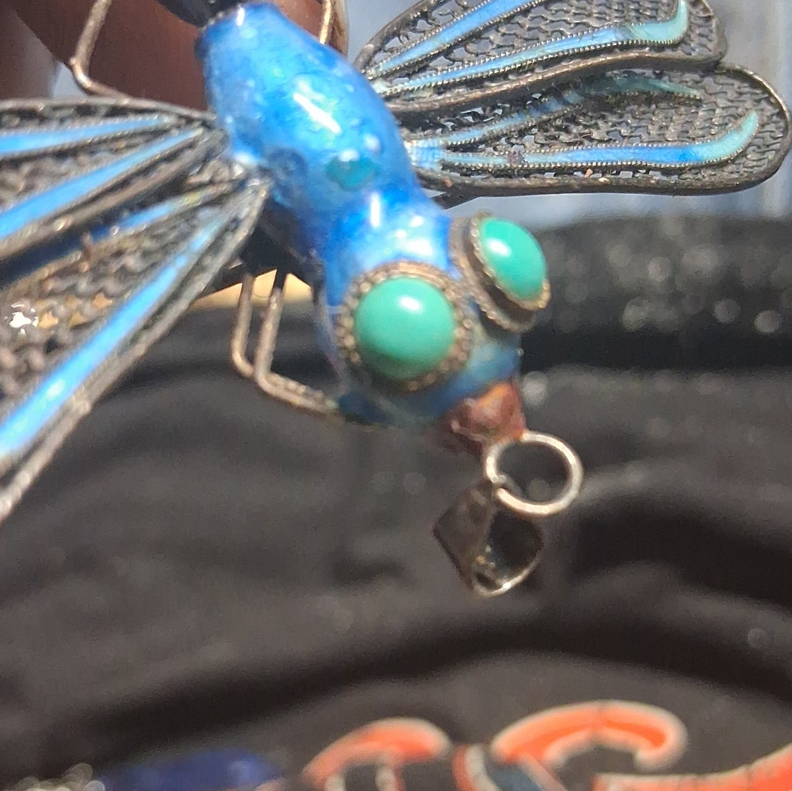 Blue Black Metal Dragonfly Brooch Pin w/ 2 Round Green Stones Bezel Set